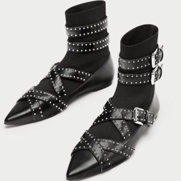 Zara Shoes - Zara Studded Buckle Pointed Sock Leather Booties